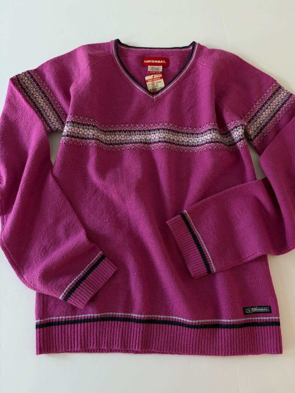 UNIONBAY Girl’s Vintage Magenta Fair Isle Sweater V Neck XL Original Tags Y2K